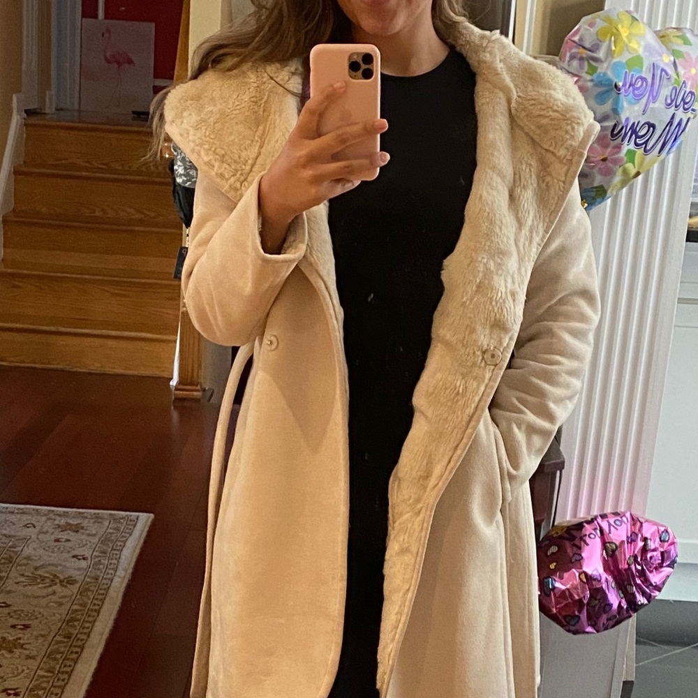 GUESS faux fur belted coat with hood